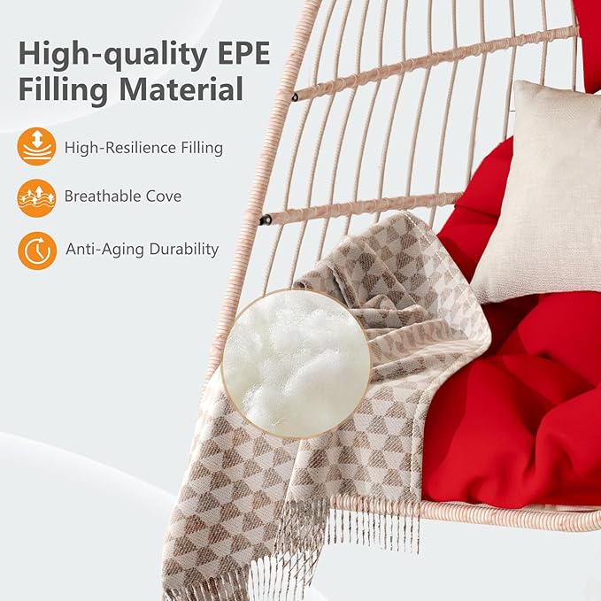 Hanging Egg Chair with Pillow HDPE Rattan Foldable Swing Chair with Aluminum Frame &amp UV Resistant Cushion Hammock Egg Basket Without Stand for Indoor Outdoor 350Lbs Capacity (Red Cushion)