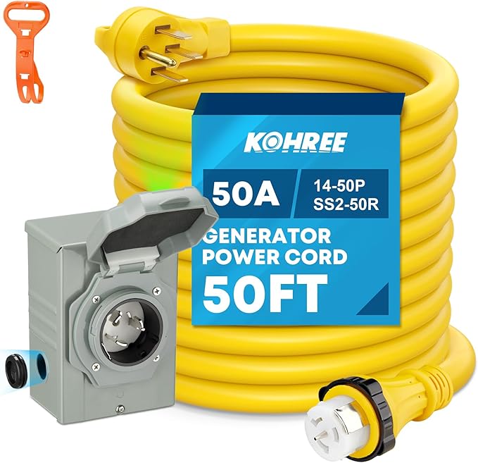 Kohree 50 Amp Generator Cord and Power Inlet Box Kit 50FT NEMA 14-50P to SS2-50R Generator Extension Cord 50Amp Pre-drilled Generator Inlet Box with Cable Waterproof Combo Kit 125/250V ETL Listed