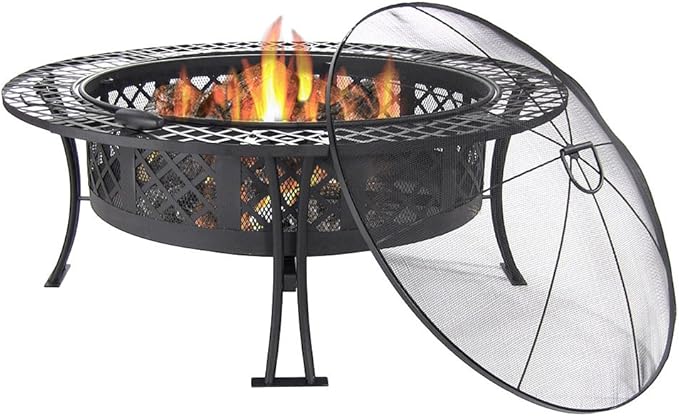 Sunnydaze 40-Inch Round Steel Fire Pit Table with Durable Spark Screen and Poker - Portable Design - Black - Diamond Weave