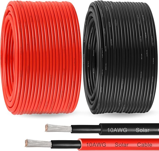MOOKEERF Solar Pane Wire 10 AWG - Solar Extension Cable 250Ft Black &amp 250Ft Red 10 Gauge Tinned Copper PV Wire for Outdoor Automotive RV Solar Panel Boat Marine (Black+Red)