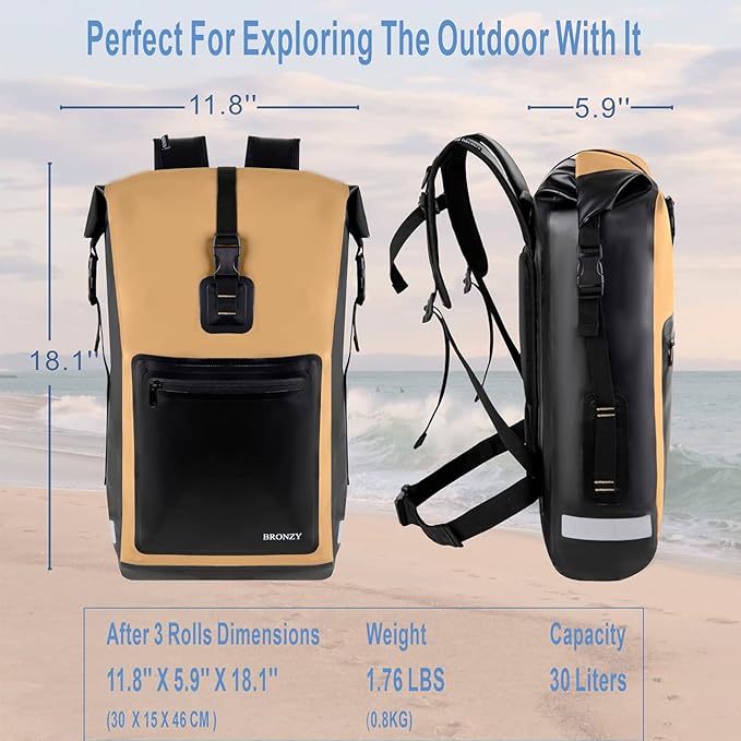 Vogano Waterproof Backpack Waterproof Bag Dry Bags 30L Roll Top Closure Travel Bags For Kayaking Camping Boating Hiking Beach (Khaki)
