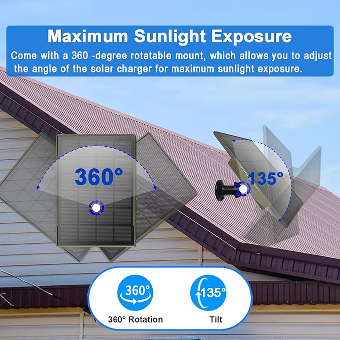 6000 mAh Solar Panel for Security Camera 3W Build in Battery 5V Micro USB &amp USB-C &amp DC3.5mm Port for Stick Up and Outdoor Battery Camera Waterproof Adjustable Panel Mount 9.8ft Cable