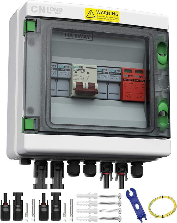 2 String Solar PV Combiner Box IP65 2 in 1 Out DC500V 40A Circuit Breaker with Surge Protector and 20A PV FuseSolar Disconnect Switch Outdoor Waterproof for Solar Panels System