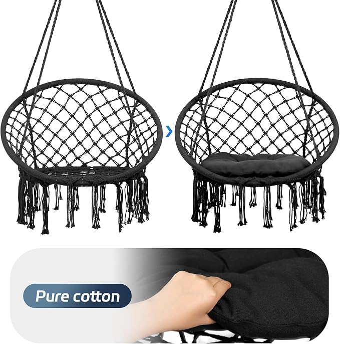 Hanging Swinging Chair Macrame Hammock Hanging Swinging Chairs with Soft Cushions and Hardware Accessories Hanging Chair for Indoor and Outdoor Use 3 Installation Methods Beige (1 Black)