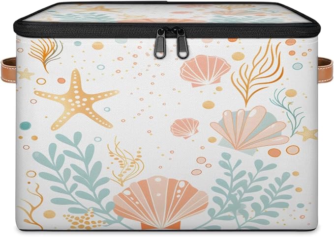 Storage Bin with Lid Ocean Shells Stackable Closet Storage Bins Decorative Bedroom Organizer Box Lidded Baskets Living Room Storages Boxes Cube Organizer Cute Container with Handles