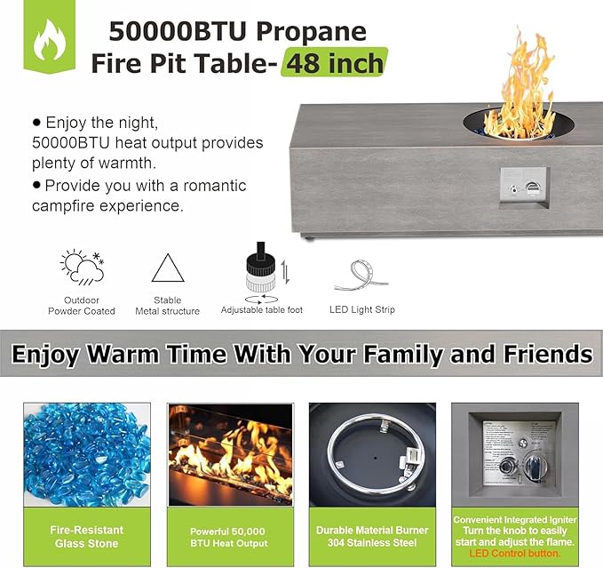 SUNPEAK 48 Propane Fire Pit Table Round Burner with Multiple Color LED Lights – 50000 BTU Fire Pit Table with Lid Rocks Cover and Tank Storage - Outdoor Fireplace Table (Grey/RGB Light 48 LED)