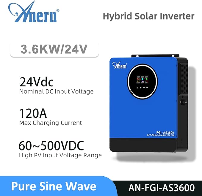 3600W Solar Inverter All in One 24VDC to 110VAC Pure Sine Wave PV Power Converter Built-in 120A MPPT Controller Dual AC Outputs 4200W Max PV Input Support Battery-Less
