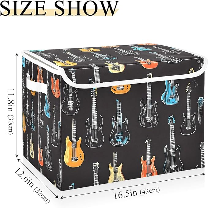 Storage Cube with Lid Cartoon Guitars Print 16.5×12.6×11.8 IN 1 Pack Collapsible Large Capacity Foldable Storage Basket Bin Organizer