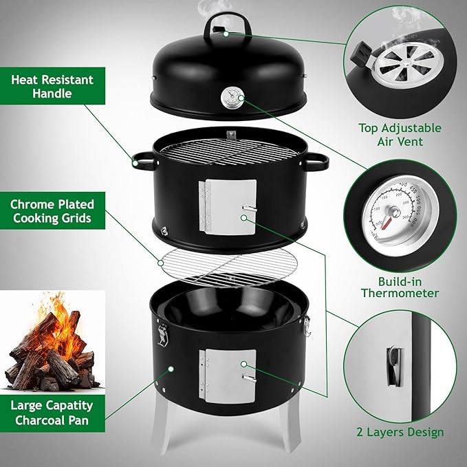 LEADZM 3-in-1 Vertical Charcoal Grill Outdoor BBQ Charcoal Smoker with Built-in Thermometer Air Vent and 2 Access Doors Perfect for Camping Picnics Backyard BBQs and Tailgating Parties