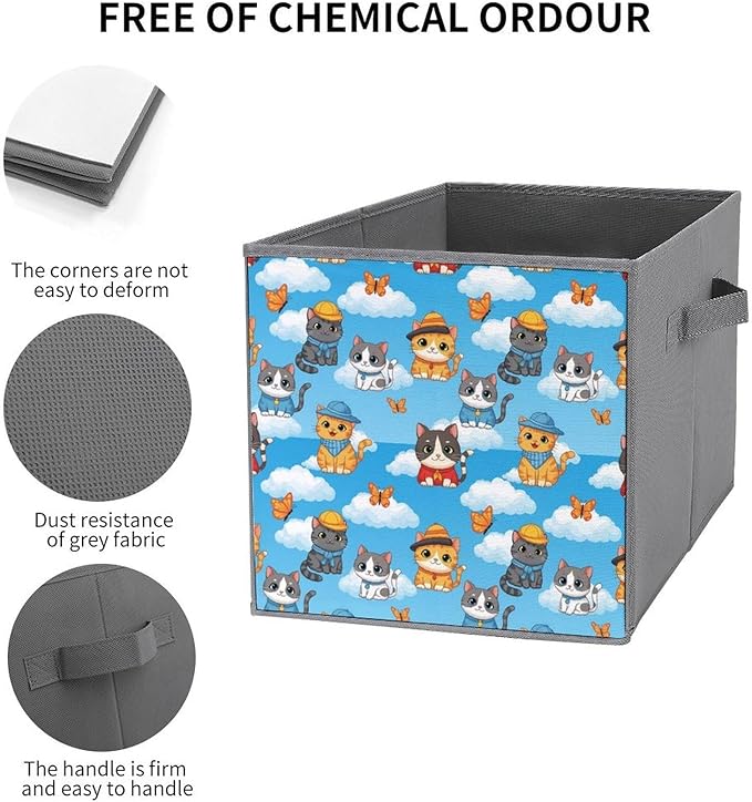 Foldable Storage Cube with Handles Cute Cats Sturdy Collapsible Organizer Bin for Heavy Items like Books &amp Tools Reinforced Sides for Durability
