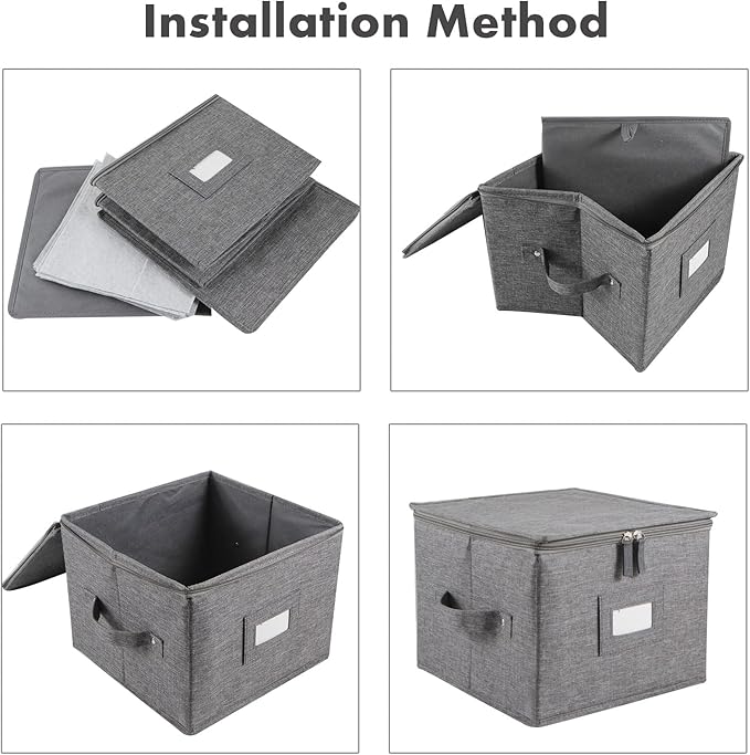 popoly China Storage Containers Hard Shell Inside 10 W x 8 H Salad Plate Storage Containers for Dishes Dinnerware with 24 Felt Dividers Hold 24 Plates Foldable and Stackable (2 Pack Grey)