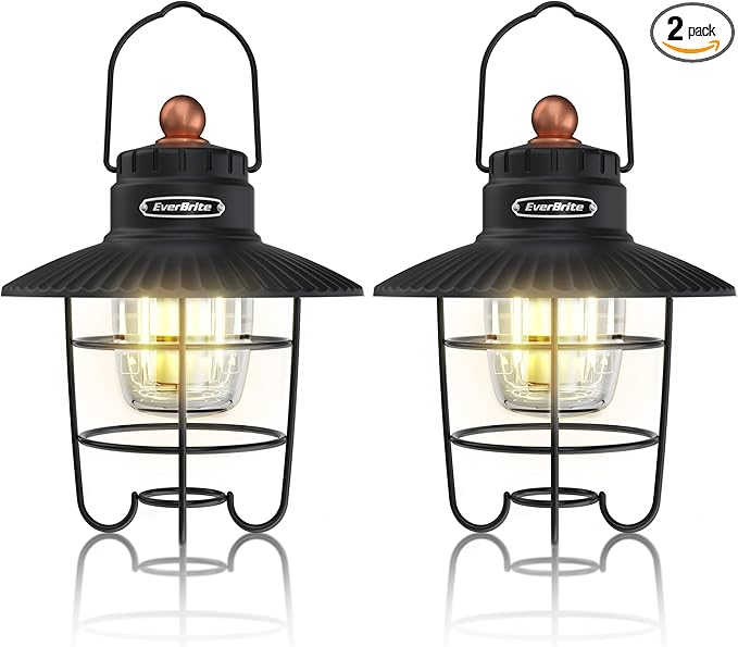 EverBrite LED Camping Lantern Pack of 2 USB C Rechargeable Lantern with 3 Light Modes Vintage Outdoor Lanterns with Power Bank Function for Power Outages Hurricane Emergency Fishing