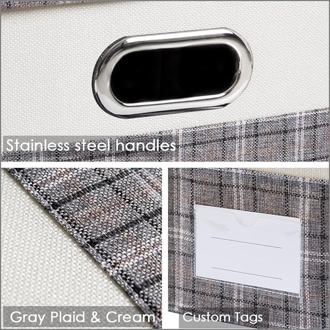 PRANDOM Collapsible Storage Bin with Lid [3-Pack] Fabric Foldable Storage Box Organizer Container Basket Cube with Cover for Home Bedroom Closet Office Nursery Gray plaid &amp Cream(14.9x9.8x9.8)