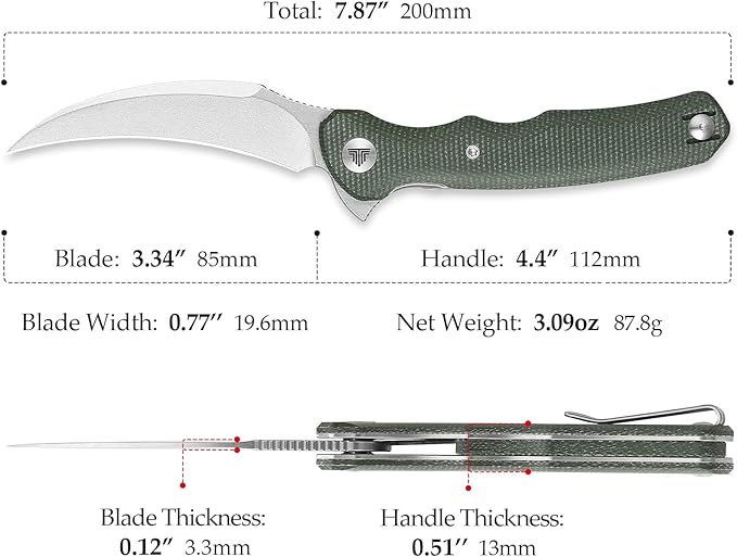 TRIVISA knives - Lacerta-04G |Hawkbill Folding Knife for Men EDC Pocket Pikal Knife with Reversible Wire Clip 3.34 Stone Wash 14C28N Steel Flipper Blade &amp Micarta Handle