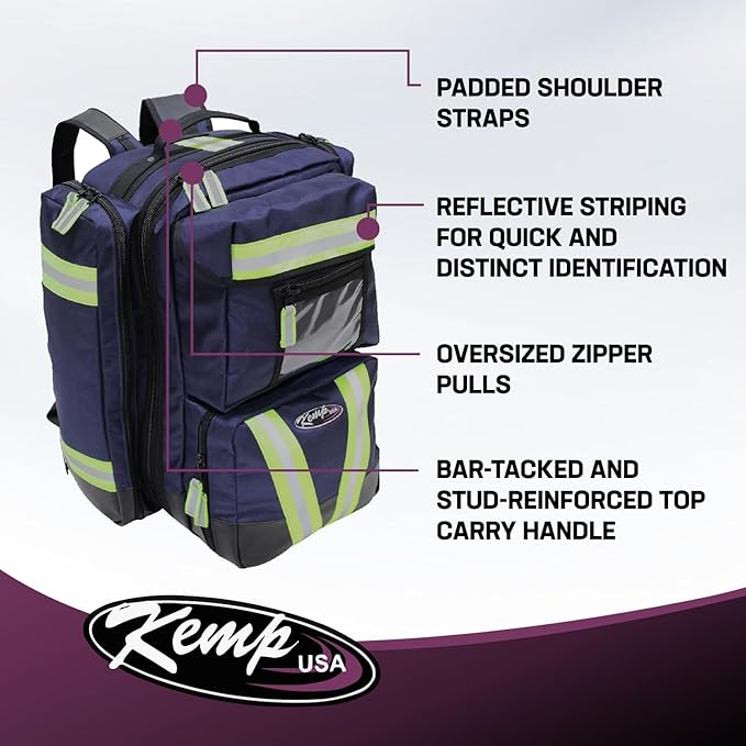 Kemp USA Premium Ultimate EMS Backpack for Men - Tactical Backpack Made with 1680 Denier Nylon - First Aid Kit EMS Bag with Multiple Pockets and Pouches - with D Tank Cylinder Straps (Premium Navy)