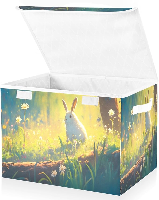 senya Large Storage Bins with Linen Easter Rabbit Collapsible Foldable Storage Cubes Fabric Closet Organizer Containers Box with Flip-Top Lid for Home Bedroom Office 16.7 x 12.6 x 11.8in