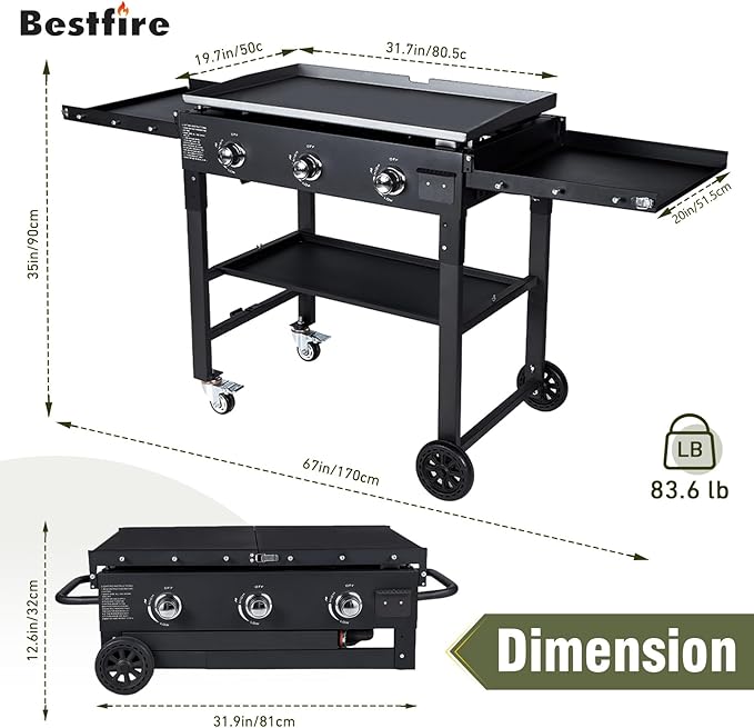 BESTFIRE 3 Burner 35 Flat Top Grill45000 BTU Flat Grills Outdoor Cooking with Two Foldable ShelvesOutdoor Griddle with Porcelain-Enameled Cast Iron Grate &amp Pan for KitchenBBQ&amp Camping