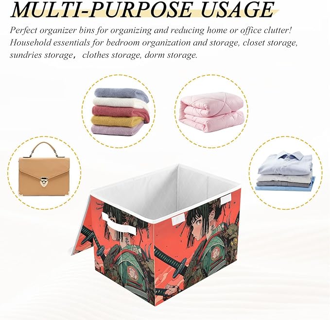 Storage Cube with Lid Anime Japanese Samurai Print 16.5×12.6×11.8 IN Collapsible Large Capacity Foldable Storage Basket Bin Organizer