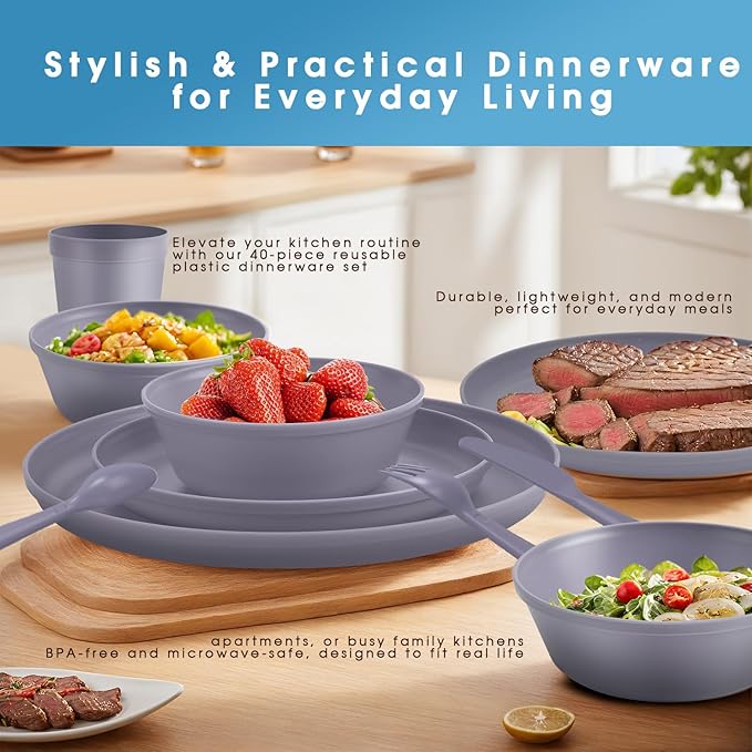 40 Piece Plastic Dinnerware Set for 8 with Cutlery Unbreakable Plates and Bowls Set Dishwasher &amp Microwave Safe Reusable Dish Set for Camping RV Outdoor Kitchen Apartment Dining Gray