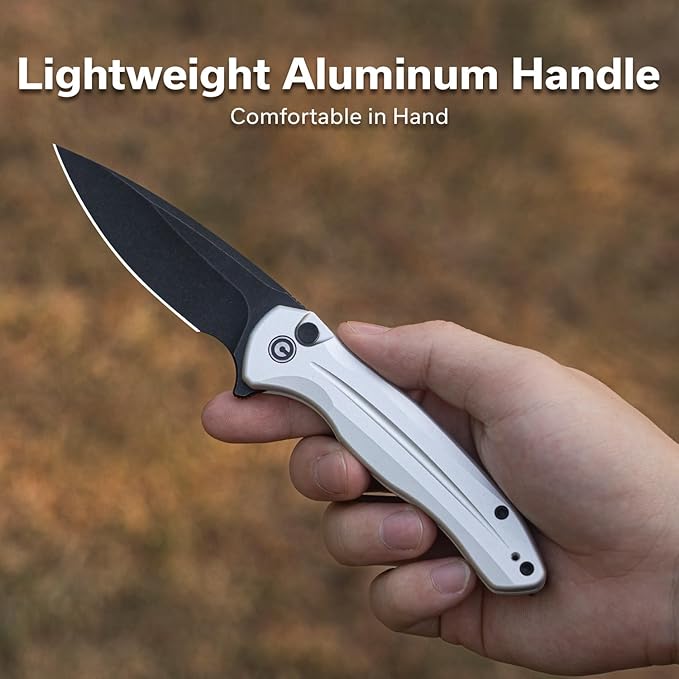 CIVIVI Kitefin EDC Pocket Knife 3.22“ 14C28N Drop Point Blade Folding Knife Aluminum Handle with Reversible Clip for Camping Hiking Hunting C24091-2 Silver