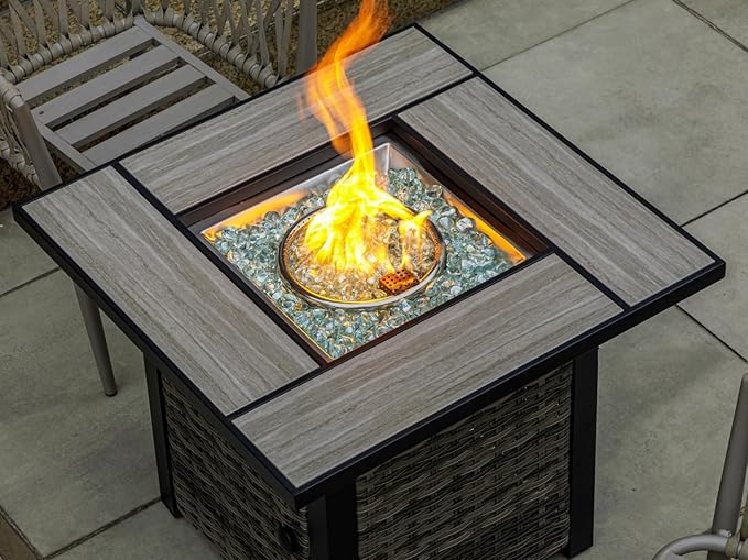 OutVue 30 Propane Fire Pit Table with Real Ceramic Tabletop &amp Ratten Side Panel 50000 BTU Gas Firepit Table with Lid &amp Glass Rock Outdoor Fire Pit for Dining or Party Firepit for Outside