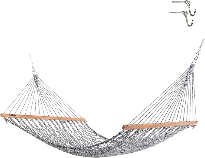 Hatteras Hammocks Small Navy Oatmeal Heirloom Tweed DuraCord Rope Hammock – 11 ft. x 45 in. 450 lb Capacity Cumaru Spreader Bar Zinc-Plated Hardware Handcrafted in The USA
