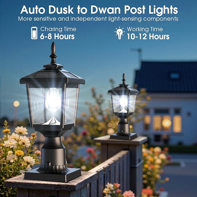 Greluna Solar Post Light Outdoor 60 Lumens Dusk to Dawn Lamp Post Light Solar Powered &amp Waterproof Fits 6x6 Wooden Posts 3 Inch Poles for Garden Pathway Driveway Fence &amp Yard（Cool Whit