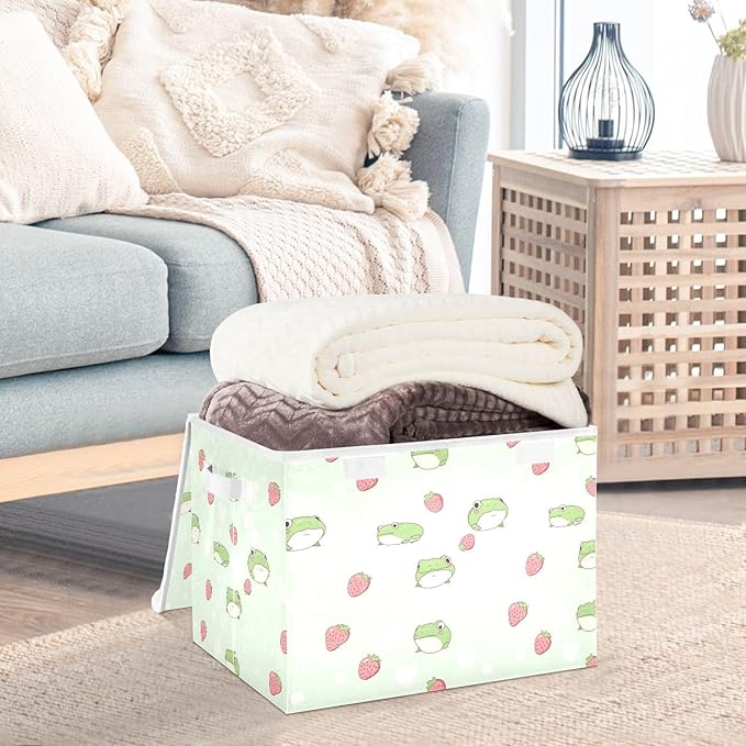 AIXIWAWA Lidded Storage Cube (Strawberry Frog) Fabric Foldable Closet Bins with Flip Lid and Handles Organizer Basket Container 16.5 x 12.6 x 11.8 IN