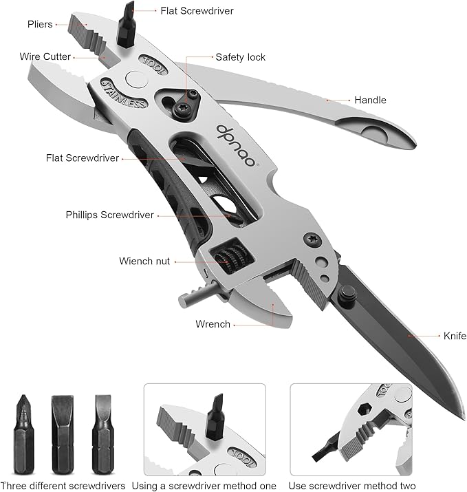 Multitool Wrench adjustable tool/5-in-1 stainless steel multifunctional pocket tool/cross wrench/screwdriver/pliers/portable folding knife with protective coveroutdoor campingmen's Christmas gift
