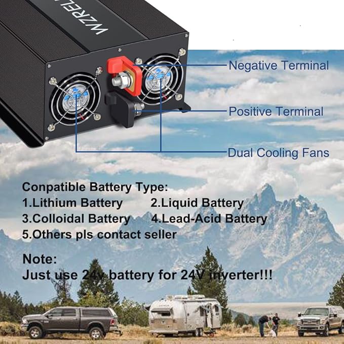WZRELB Pure Sine Wave Inverter 3000W 24VDC to 120VAC Solar Power Peak 6000W Converter Truck RV Home LCD Display Black (LN300024)