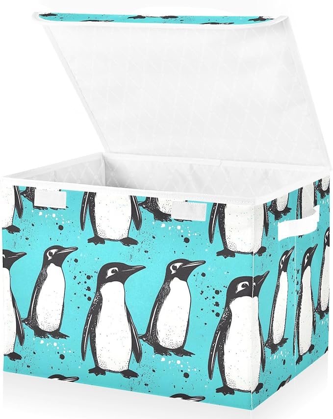 Penguin Teal Storage Cube Bins Basket with Lid Collapsible Flip-top Fabric with Handle for Home Bedroom Closet Office 16.5×12.6×11.8 in