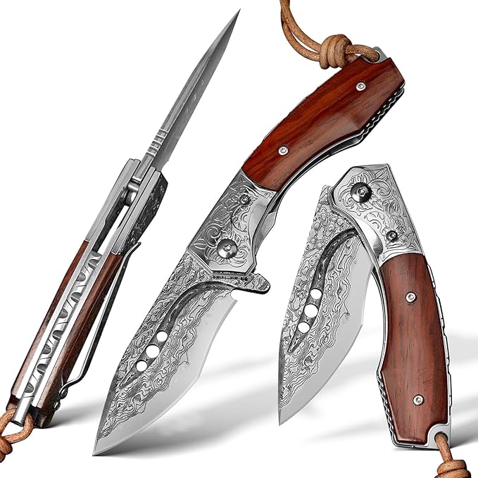 Handmade Japanese Damascus Steel Pocket Folding Knife with Leather Cover and Pocket Clip 2.87-inch Outdoor Camping Fishing Portable Pocket Knife