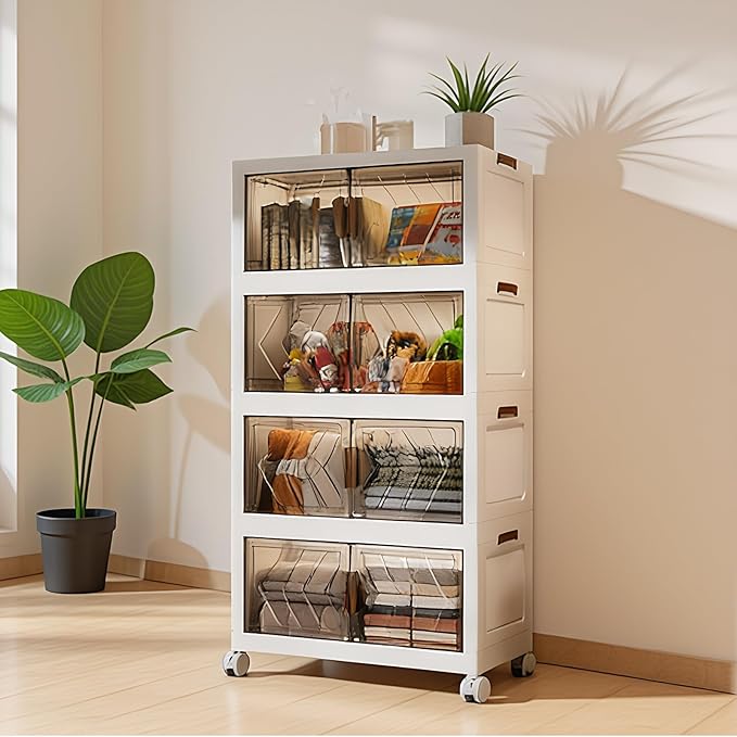 4-Tier Stackable Storage Bins with Lids 94QT Plastic Large Collapsible Storage Containers with Wheels and Magnetic Doors Foldable Closet Organizers for Living Room Garage Home Office Clear