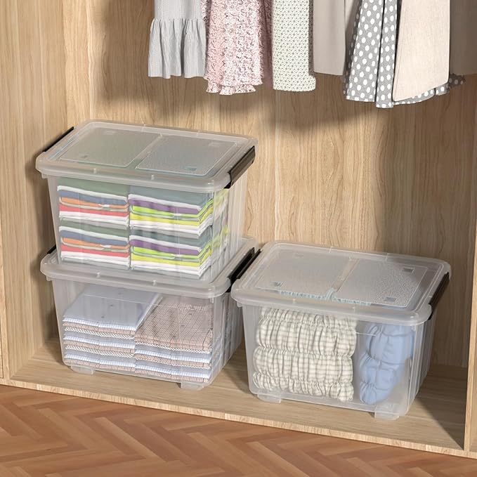 30 Quart Clear Storage Bins with Wheels and Latching Lid Stackable Plastic Totes with Snap Latches Nesting Containers 4 Packs