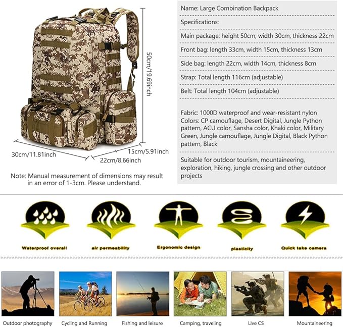 Tactical Backpack Military Army Rucksack 60L Large Assault Pack Detachable Molle Bag (Black)