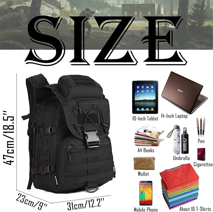 40L 600D Nylon Tactical Backpack - Waterproof Multifunctional with MOLLE System for Outdoor Travel Sports and Hiking(Black)