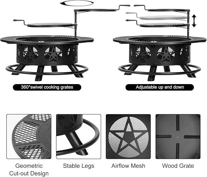 42 Inch Fire Pit with 2 Grills Extra Large Wood Burning Fire Pits for Outside with Lid &amp Poker Heavy Duty FirepitBBQ&amp Outdoor Fire Pit &amp Round Metal Table 3 in 1 for Patio Picnic Part