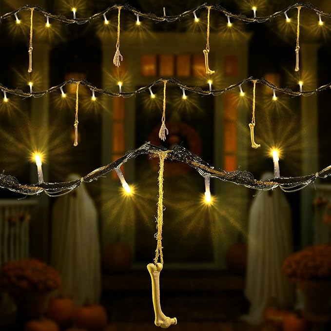 Halloween Indoor Outdoor 6FT Lights Decor 26LED Hanging Skeleton Skull Bones String Lights Battery Operated Spooky Halloween Wreath Door Patio Party Decoration