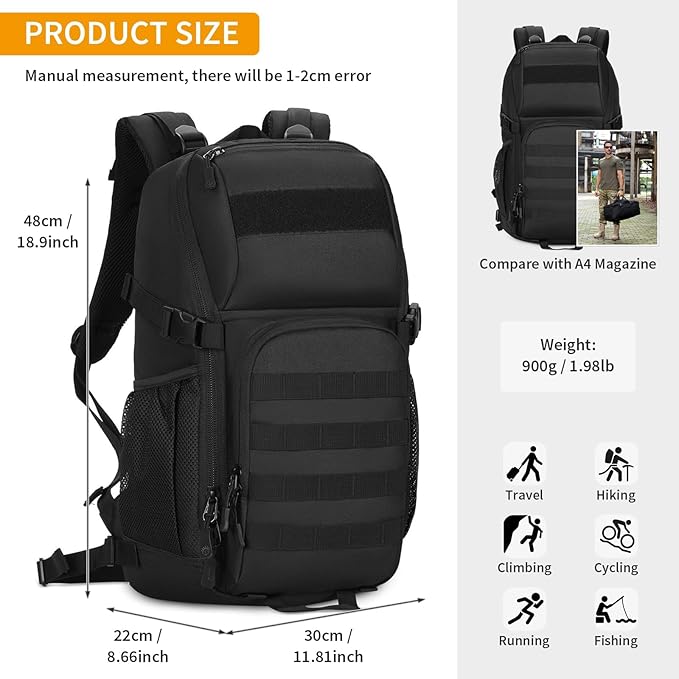 HUNTVP Tactical Backpack Military MOLLE Backpack Hunting Rucksack Gear Assault Pack 25L WR（Black）