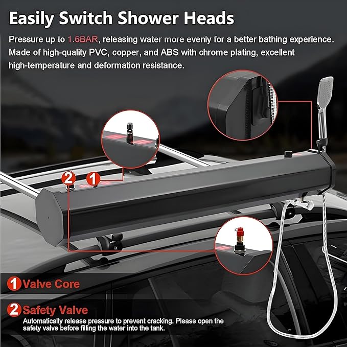 18L/20L/30L Portable Camping Showers Roof Rack Mount Road Shower with 5.58ft Hose and Shower Head Pressurized Water Tank for Overland Off-Road Vehicle Truck RV SUV(18L/4.76Gal)