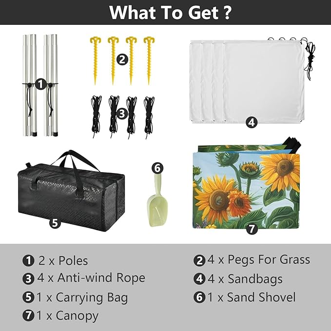 Beach Canopy with Windproof Ropes &amp Sandbags Beach Tent Sun Shade Sun Shelter for Camping Trips Fishing Backyard Fun or Picnics Sunflowers