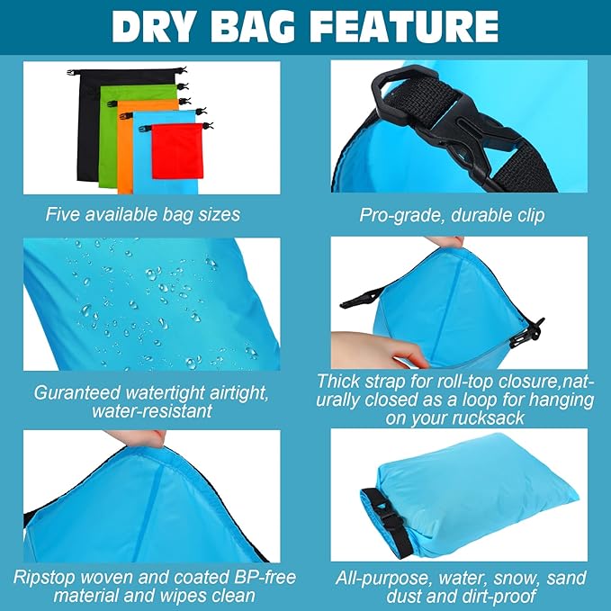 LEIFIDE 10 Pcs Ultralight Dry Bags Waterproof Lightweight Airtight Bags Ripstop Camping Gear Dry Sack Portable Roll Top Dry Pack for Backpacking Kayaking Hiking Swimming Boating Outdoor 5 Sizes