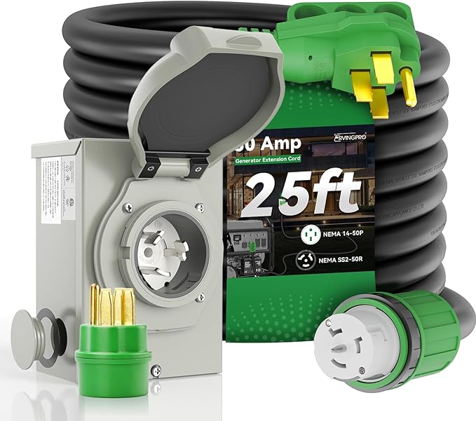 50 Amp Generator Cord 25FT and Power Inlet Box Combo Kit - Pre-Drilled Waterproof NEMA 14-50P to SS2-50R ETL Listed