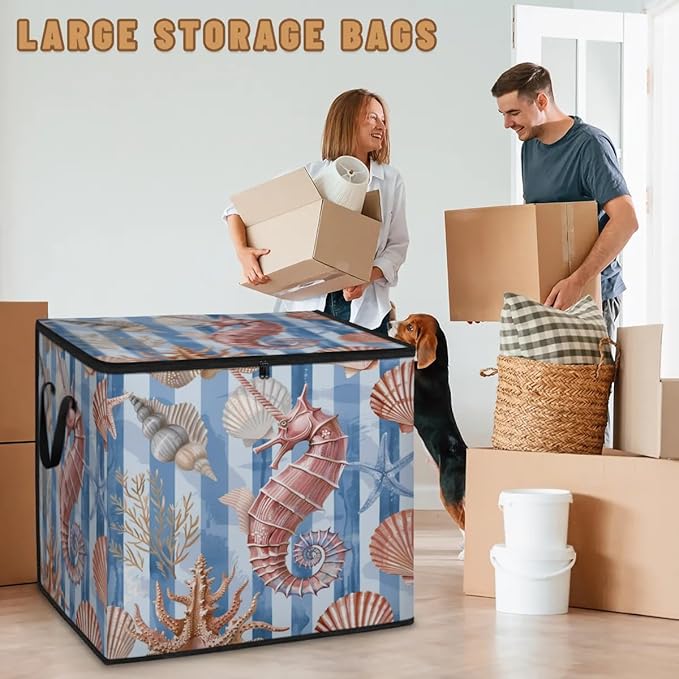 XL Large Clothes Storage with Lid Handle Starfish Shell And Seahorse Large Thick Clothes Blanket Storage Containers for Organizing Bedroom Closet Comforter Organization Storage Beach Theme