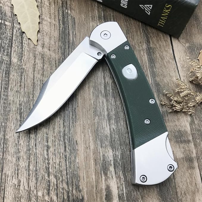 push button assisted opening Folding Knife440C Stainless Steel Blade Backlock G10 Handle with Leather Sheath EDC Pocket Knives for Men (Green)