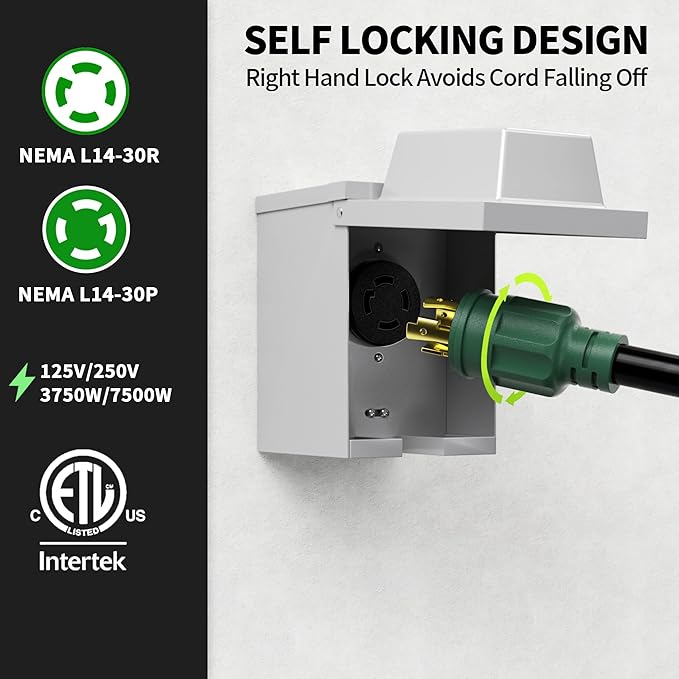 POWGRN 50 FT 30 Amp Generator Extension Cord 4 Prong Heavy Duty NEMA L14-30P to NEMA L14-30R 125/250V 7500W Green 10 Gauge STW Twist Locking House Power Cord 50 Feet Generator Cable