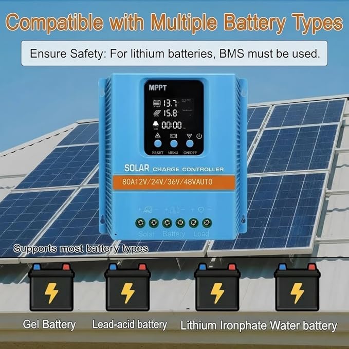 Solar Charge Controller 80A 12V 24V 36V 48V Intelligent Recognition LCD Display Battery Intelligent Regulator Maximum 100V Input Dual USB for Lead Acid/Lithium Battery