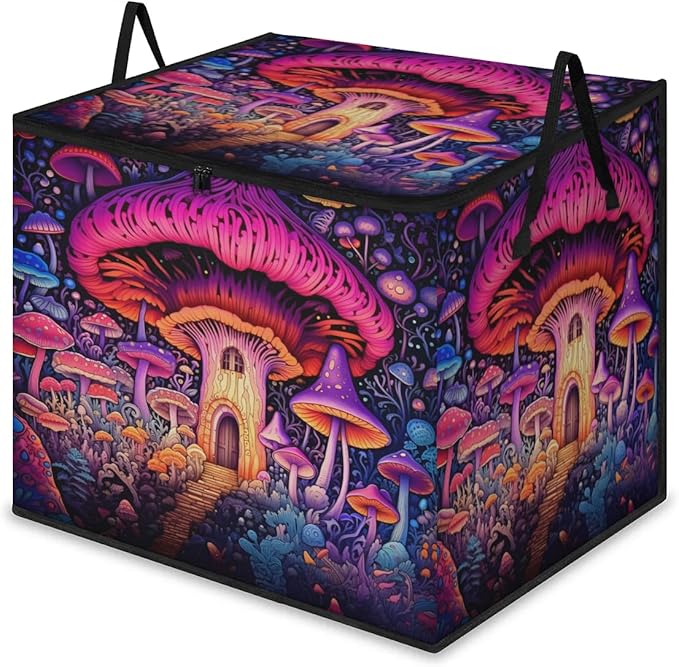 Large Retro Mushroom Storage Bags with Lid XL Blanket Clothes Storage Bins Foldable Organizers Storage Containers with Handle for Comforters Bed Sheets Pillows Fairy Forest Flowers Plants