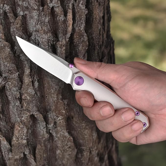 Folding Pocket Knife 2.95 Elmax Blade EDC Knife with Titanium Handle and Frame Lock Small Pocket Knife with Clip for Men Sharp Camping Hiking Hunting Survival Knives (Silver)