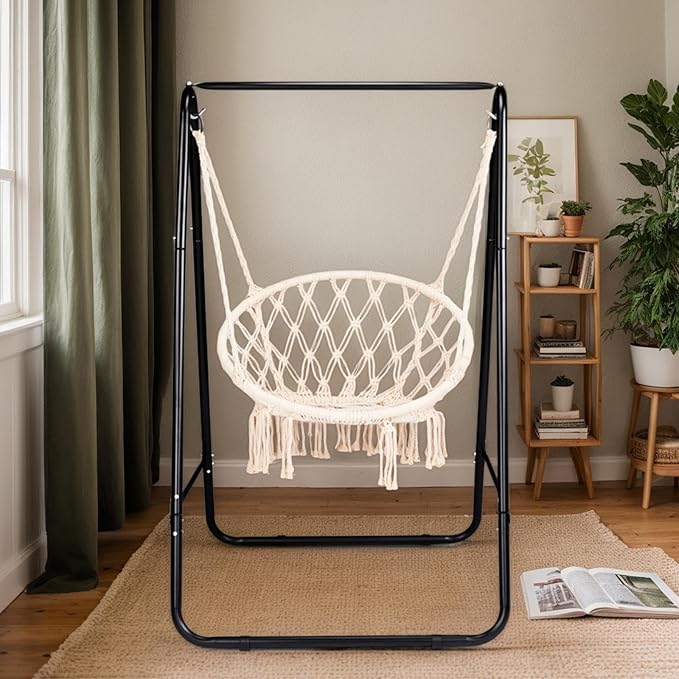 Steel Hammock Chair Stand with Adjustable Hooks - 600lbs Capacity Indoor Outdoor Use Black Frame (Hammock Not Included)